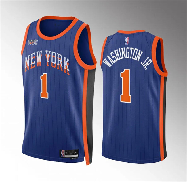 Men's New Yok Knicks #1 Duane Washington Jr Blue 2023/24 City Edition Stitched Basketball Jersey